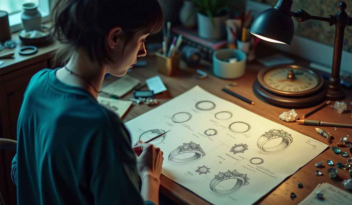 A person studies detailed ring design sketches at a cluttered desk with a lamp, compass, and various tools, suggesting they are working on jewelry design.