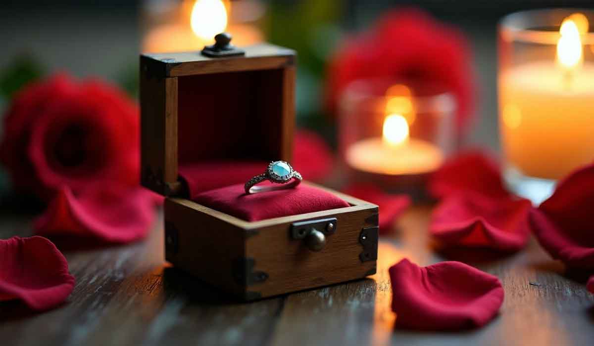 An ornate ring in a wooden box sits on a red cushion, surrounded by rose petals and lit candles on a wooden surface.