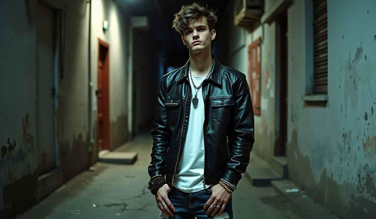 Young person wearing a black leather jacket and white shirt stands in a narrow, dimly lit alleyway with peeling walls and closed doors.