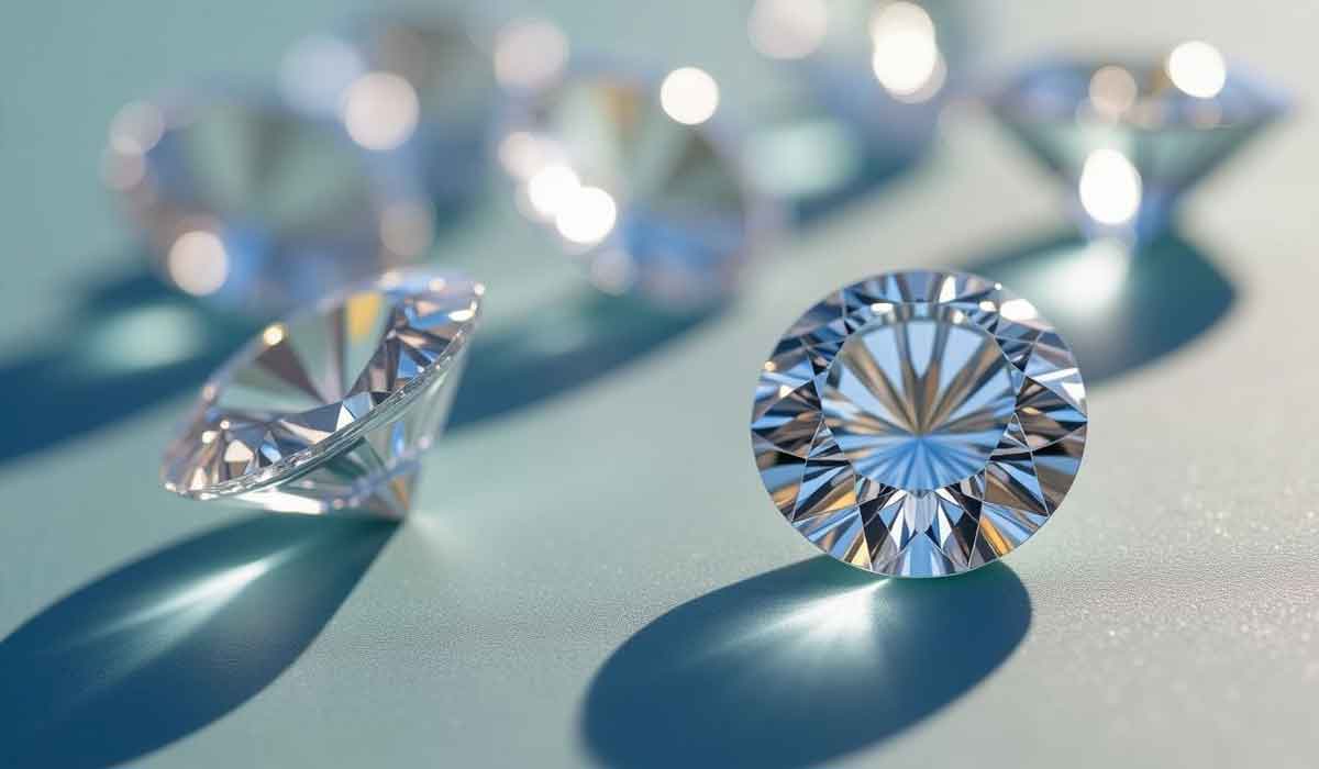 Several round-cut, faceted diamonds are scattered on a smooth, light blue surface, reflecting light and casting shadows.