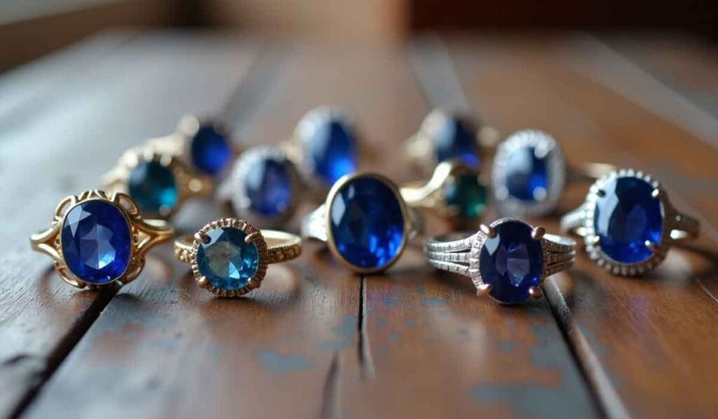 A collection of blue sapphire rings with various gold and silver settings displayed on a wooden surface.