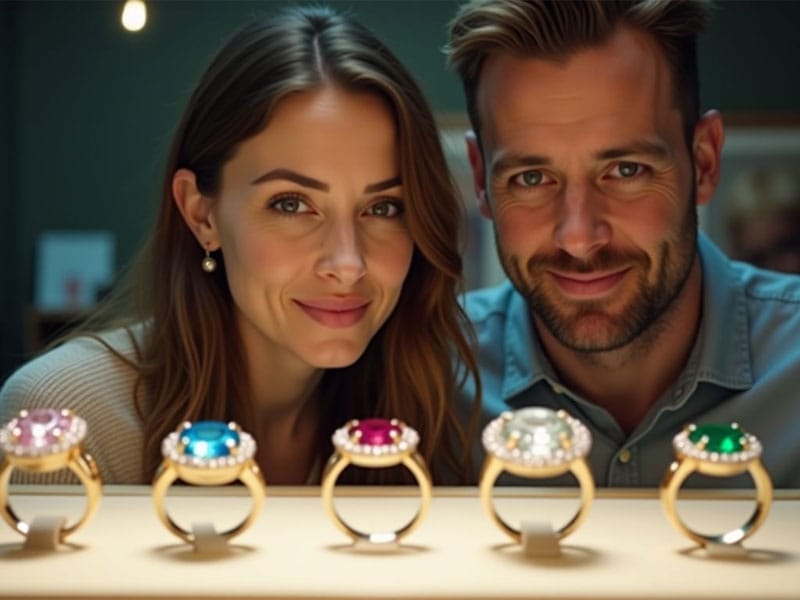 A woman and a man smile while looking at five ornate gemstone rings displayed on a lit counter.