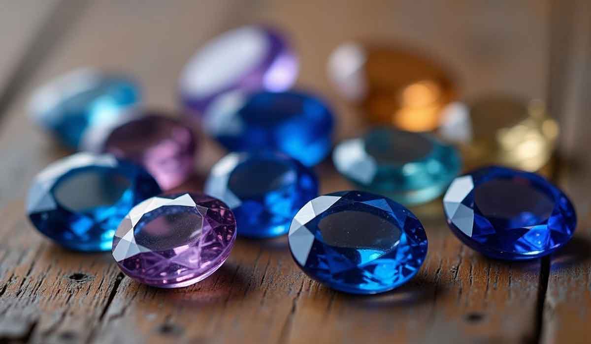A variety of faceted gemstones in blue, purple, teal, and gold hues are scattered on a wooden surface.