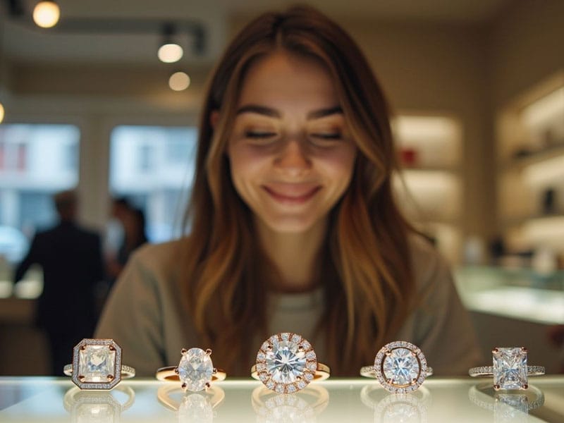 A woman smiles while looking at five diamond rings displayed on a counter in a well-lit jewelry store.
