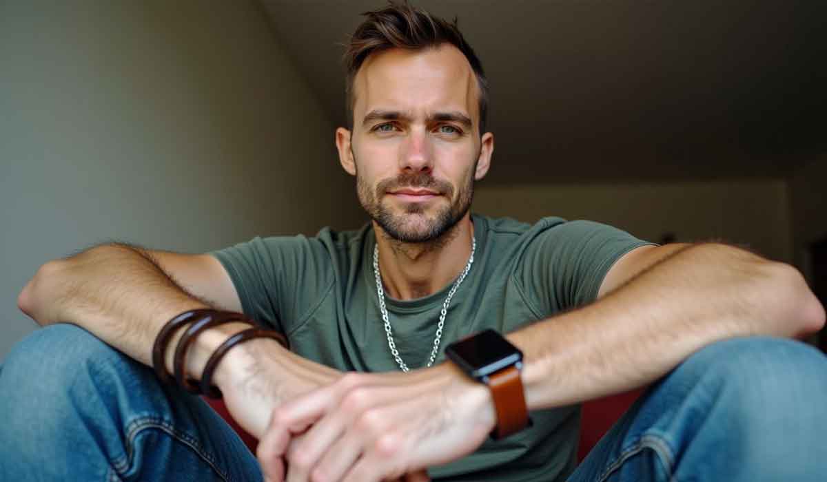A man with short hair and a beard sits indoors, wearing a green t-shirt, jeans, a chain necklace, bracelets, and a smartwatch, looking directly at the camera.