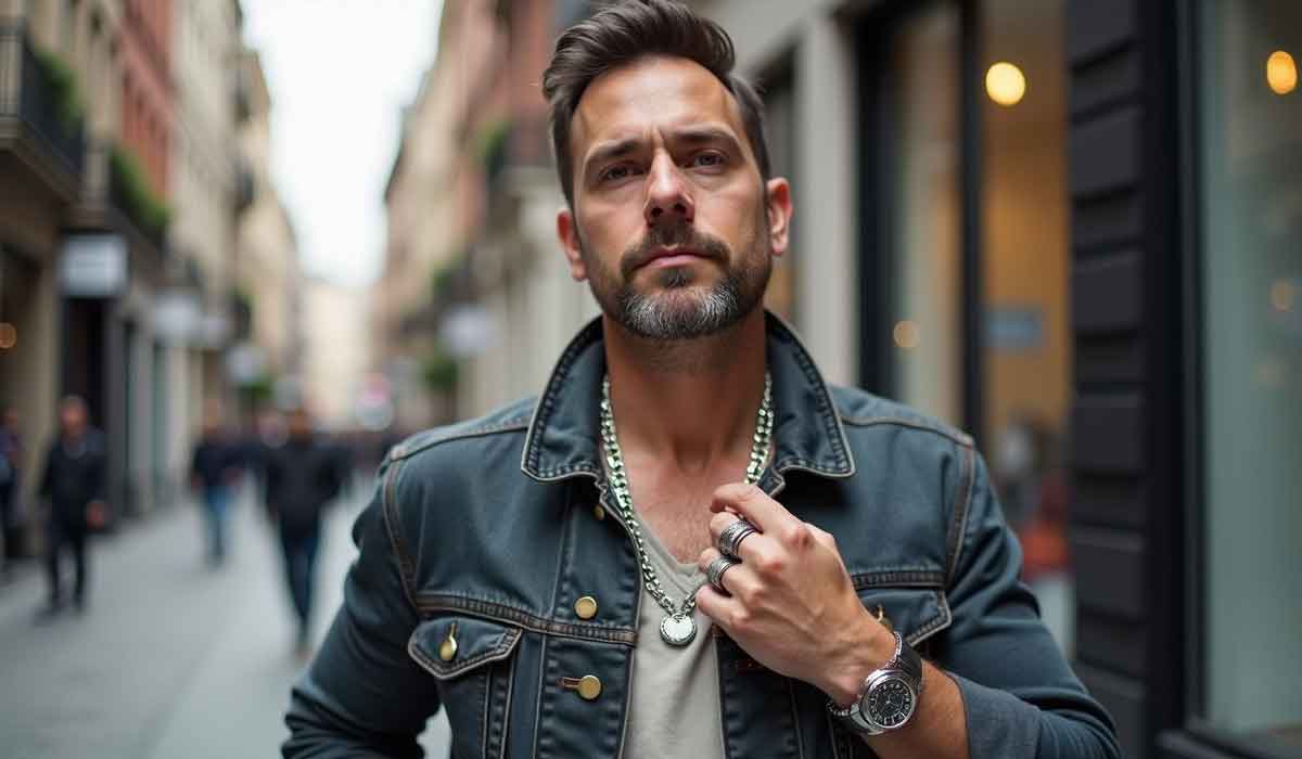 A man with a beard and mustache stands on a city street wearing a dark denim jacket, silver chain necklace, rings, and a watch, looking confidently at the camera.