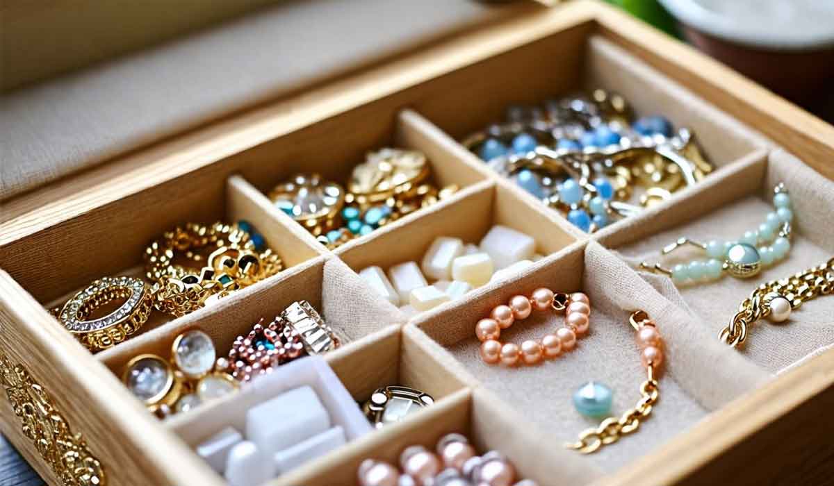A wooden jewelry box with multiple compartments holds various bracelets, necklaces, rings, and beads in gold, pearl, and pastel colors.