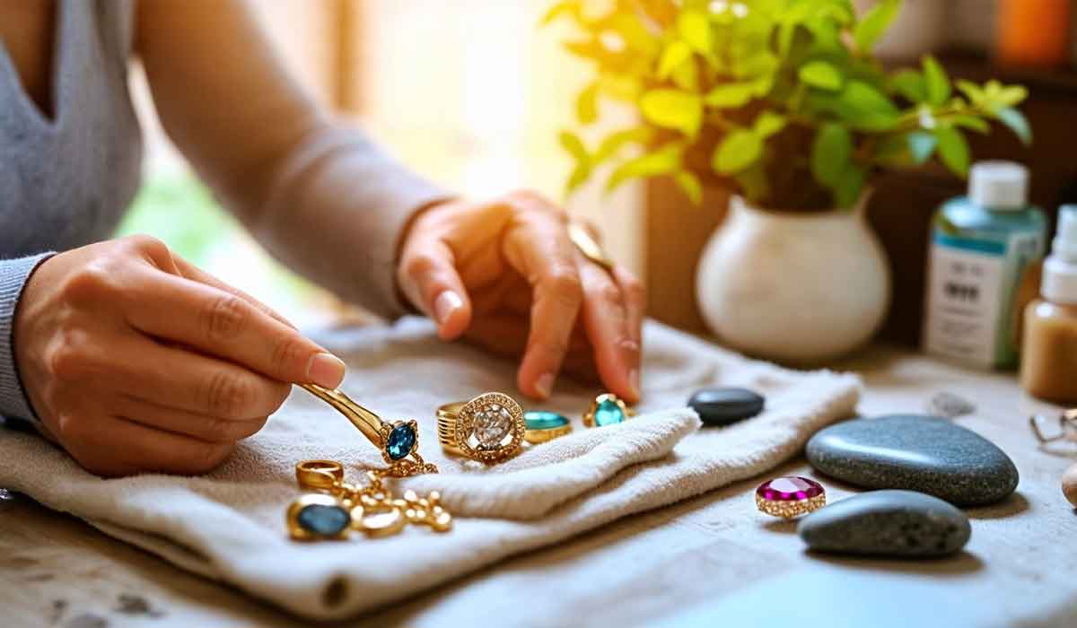 A person cleans various pieces of jewelry, including rings and a watch, on a cloth with small tools; stones and a potted plant sit nearby.