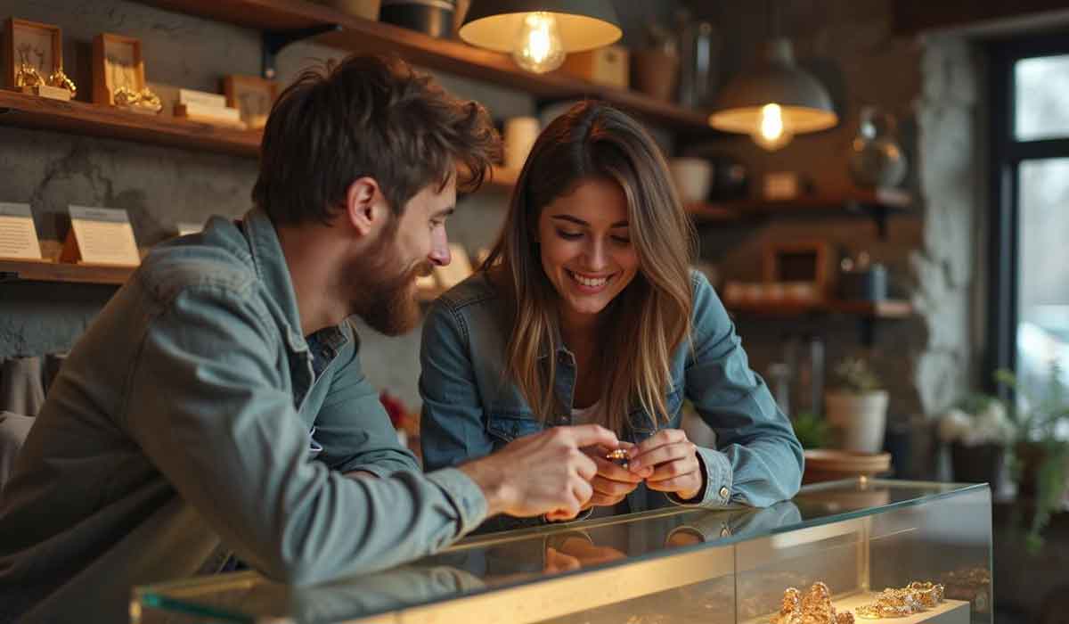 A man and woman stand by a glass display case in a jewelry store, smiling and looking at a ring together under warm lighting.