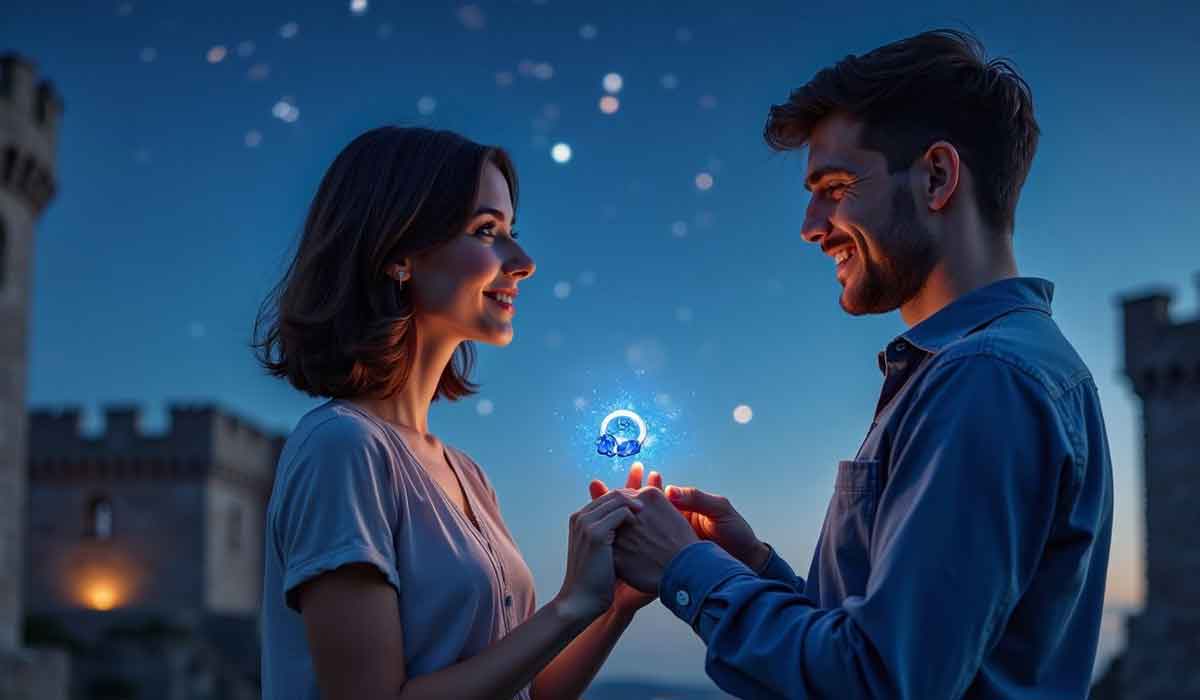 A couple stands outside at dusk holding hands, smiling at each other as a glowing blue orb floats between them. A castle is visible in the background under a starry sky.