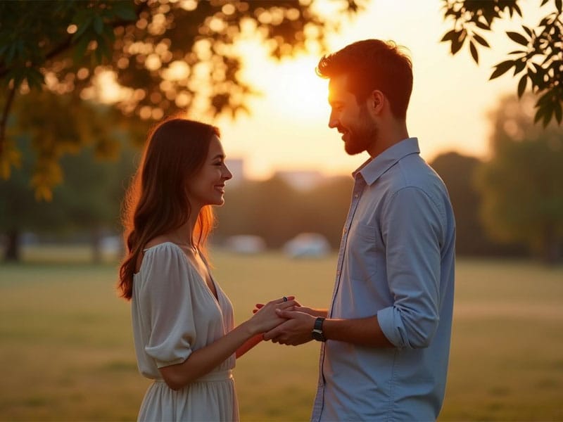 A man and woman stand facing each other, holding hands and smiling, in a park at sunset with trees and soft sunlight in the background.