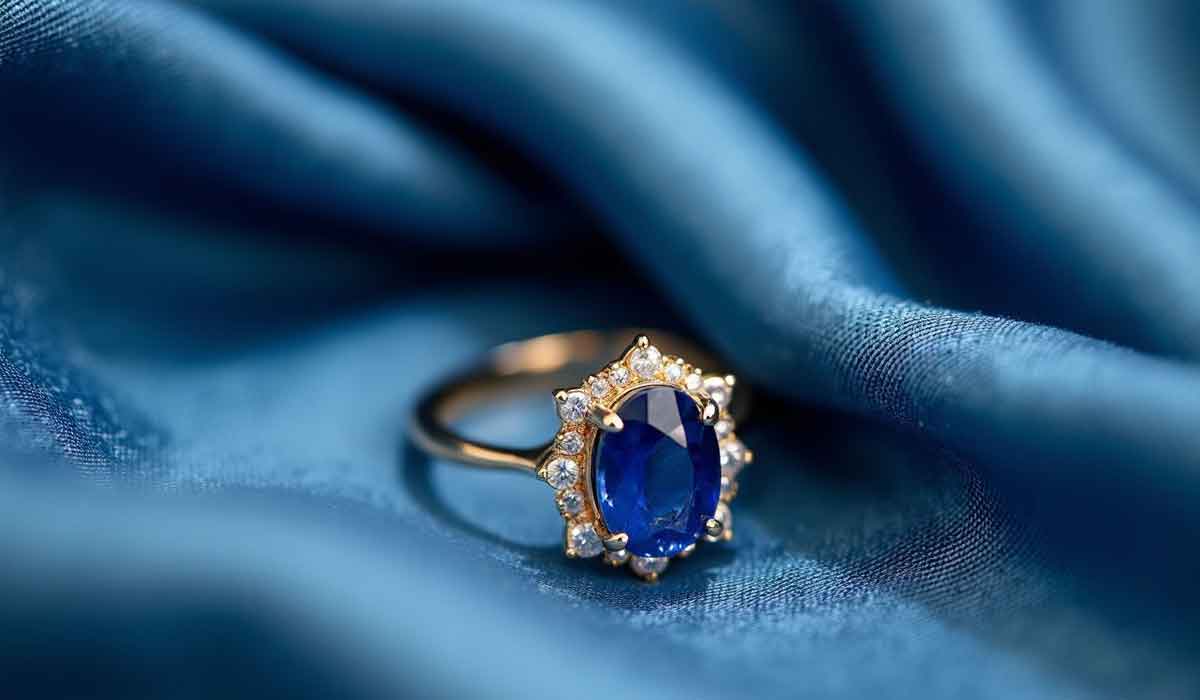 A gold ring with an oval blue gemstone surrounded by small clear stones rests on blue satin fabric.