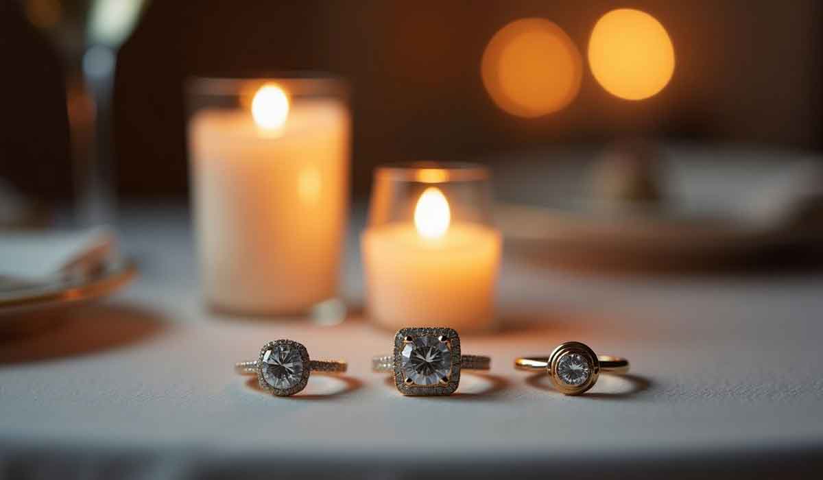 Three diamond rings on a white surface, with three lit candles in glass holders blurred in the background.