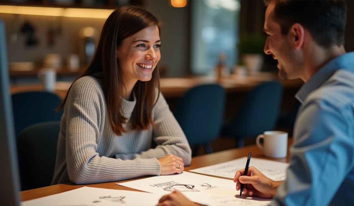 Two people sit at a table discussing sketches, both smiling. Art supplies and papers with drawings are visible on the table in a well-lit, modern setting.