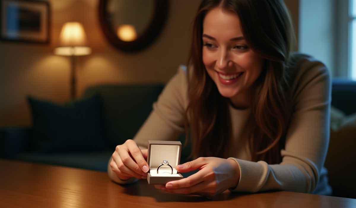 Woman smiling while holding an open ring box with a diamond ring inside, sitting at a wooden table in a warmly lit room.