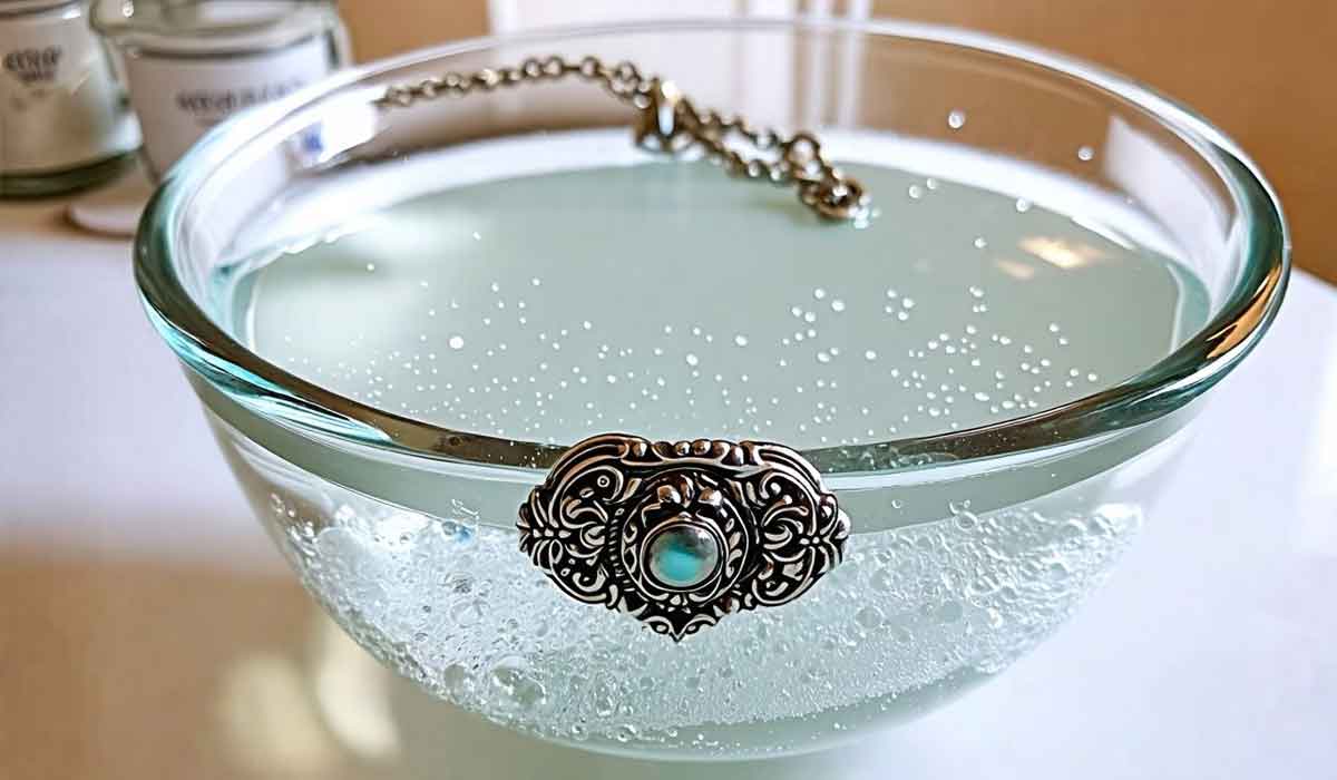 A silver necklace with a turquoise stone rests on the edge of a glass bowl filled with water and bubbles.
