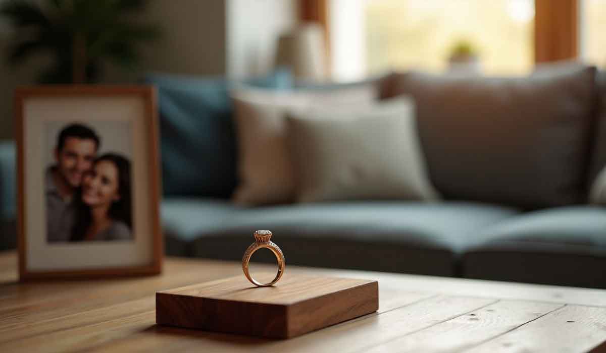 An engagement ring on a wooden block sits on a table in front of a framed photo and a sofa with pillows in a softly lit living room.