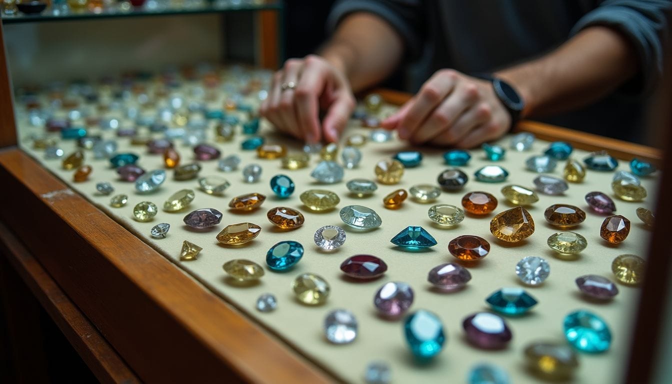 A person arranges various colored gemstones on a display table under glass in a jewelry store.