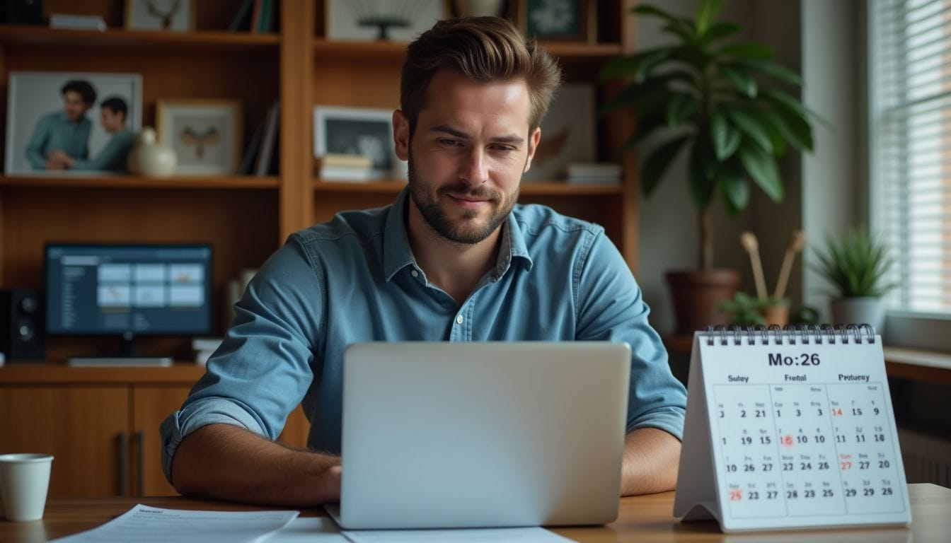 A man sits at a desk using a laptop, with a calendar showing Monday the 26th, bookshelves, and a plant in the background.