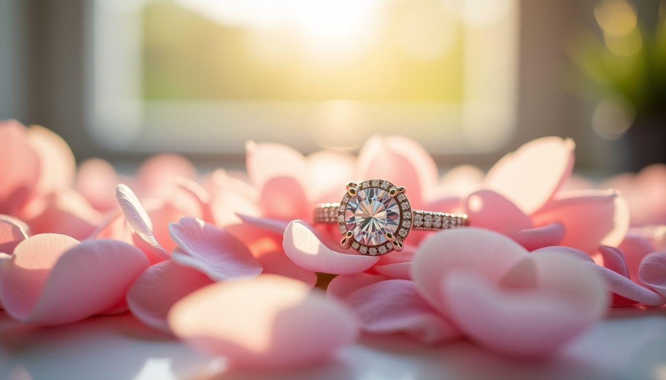 A diamond engagement ring with a halo setting is placed on pink rose petals, with sunlight shining softly in the background.