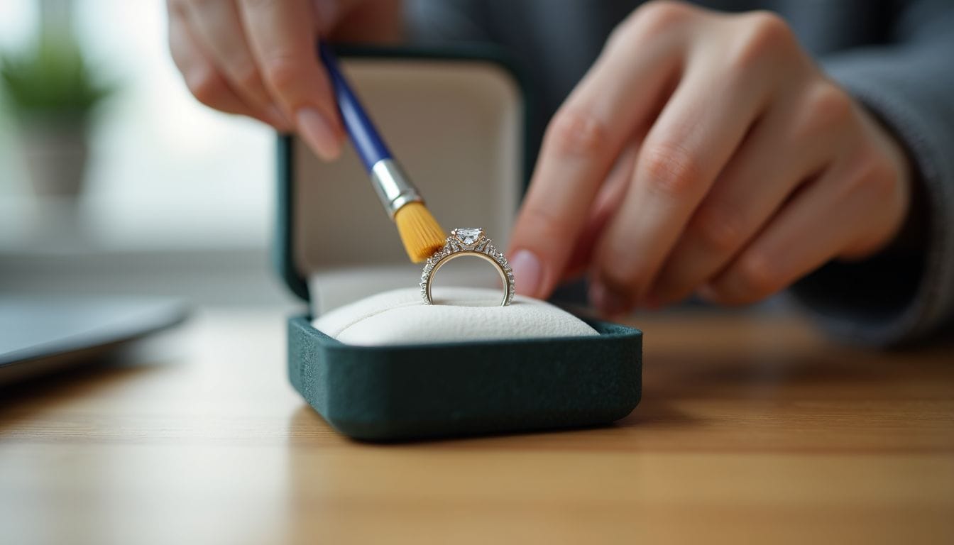 A person uses a small brush to clean a diamond ring displayed in an open jewelry box on a wooden surface.