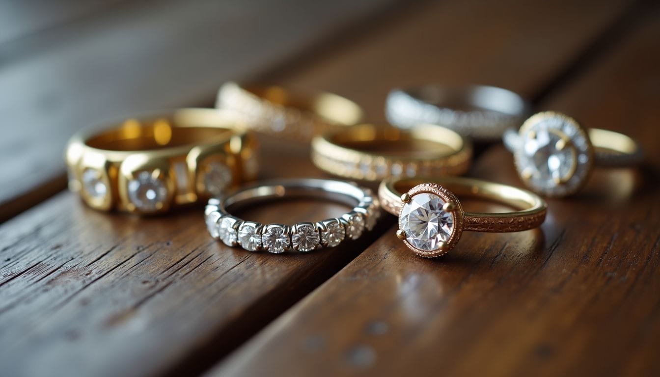 Several gold and silver rings with diamonds are arranged on a wooden surface, showcasing different band styles and gemstone settings.