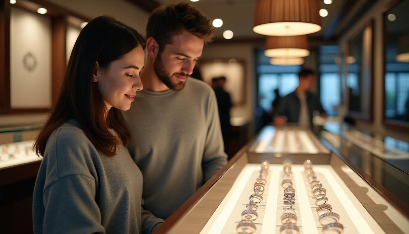 A couple stands side by side, looking at a display case filled with rings inside a well-lit jewelry store.
