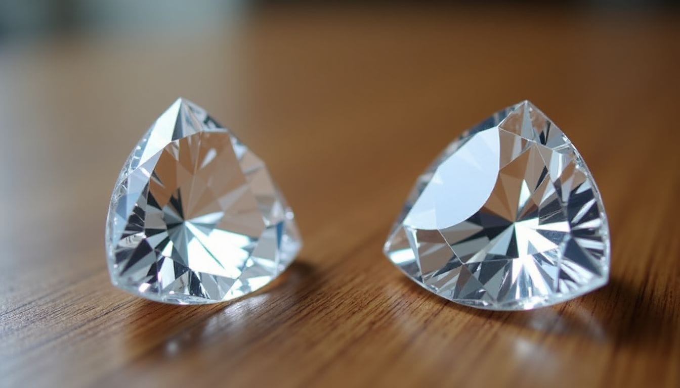 Two triangular, faceted clear gemstones sit on a wooden surface, reflecting light and displaying their intricate cuts.