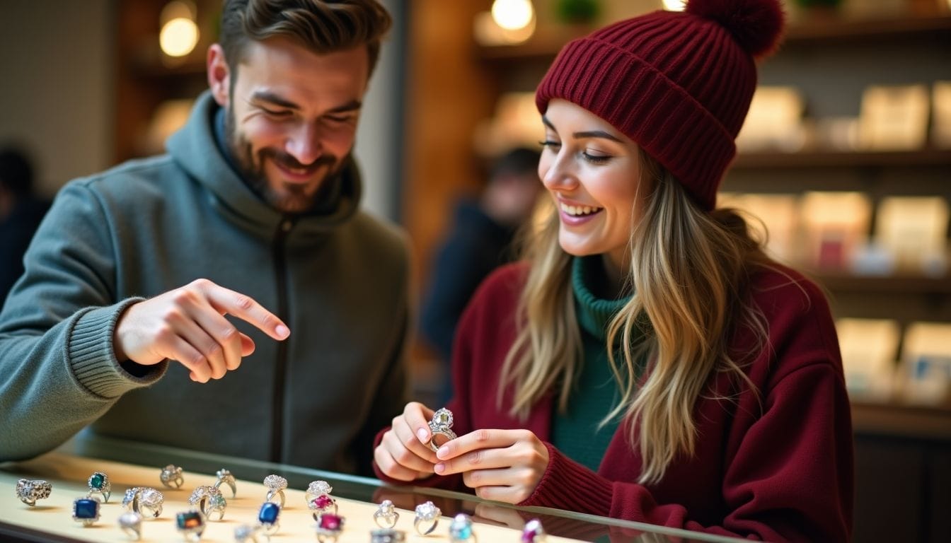 A man and woman smile while looking at rings in a jewelry store, with various rings displayed on the glass counter.
