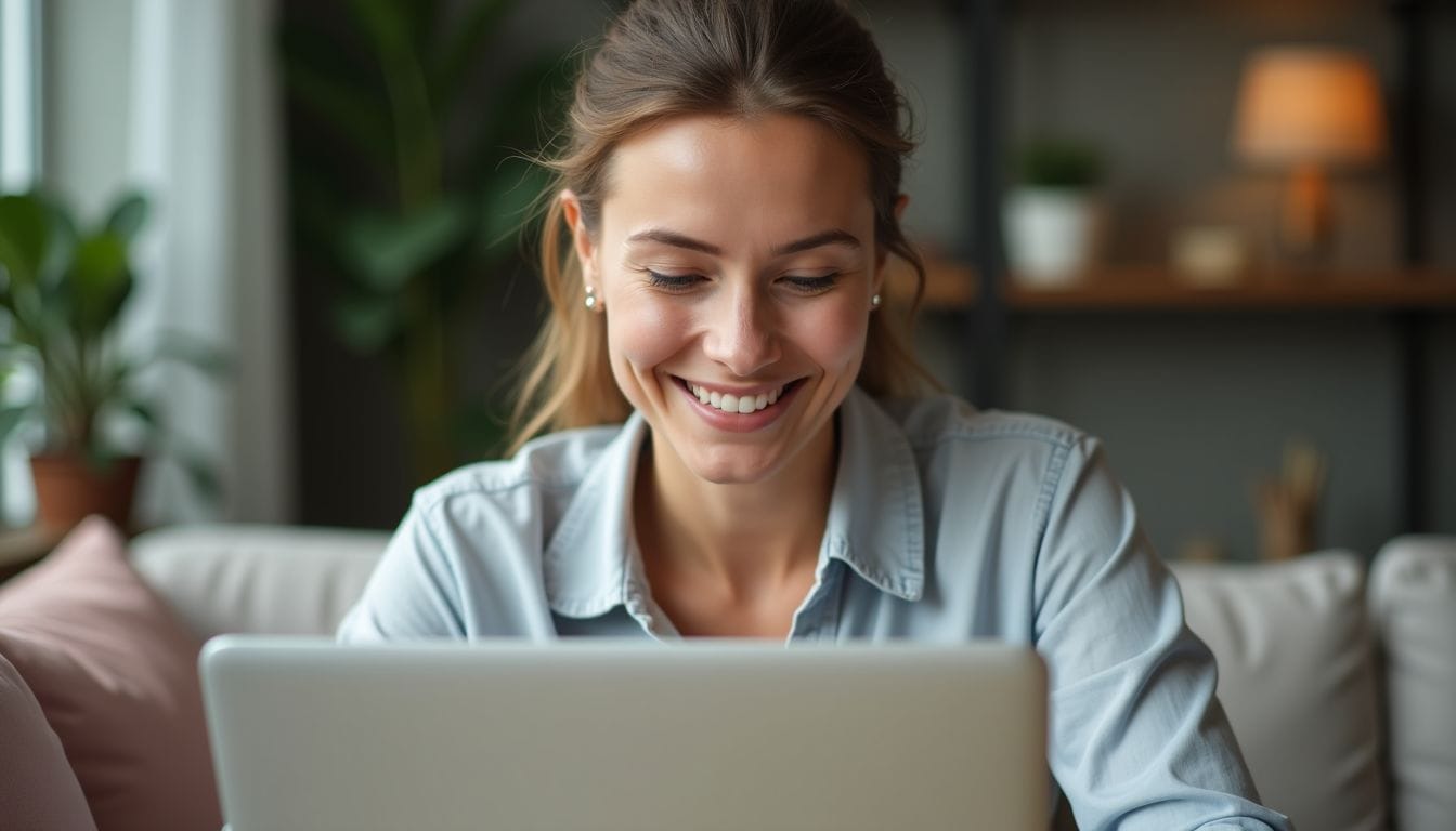 Woman smiling while working on a laptop at home, sitting on a couch, with plants and shelves in the background.