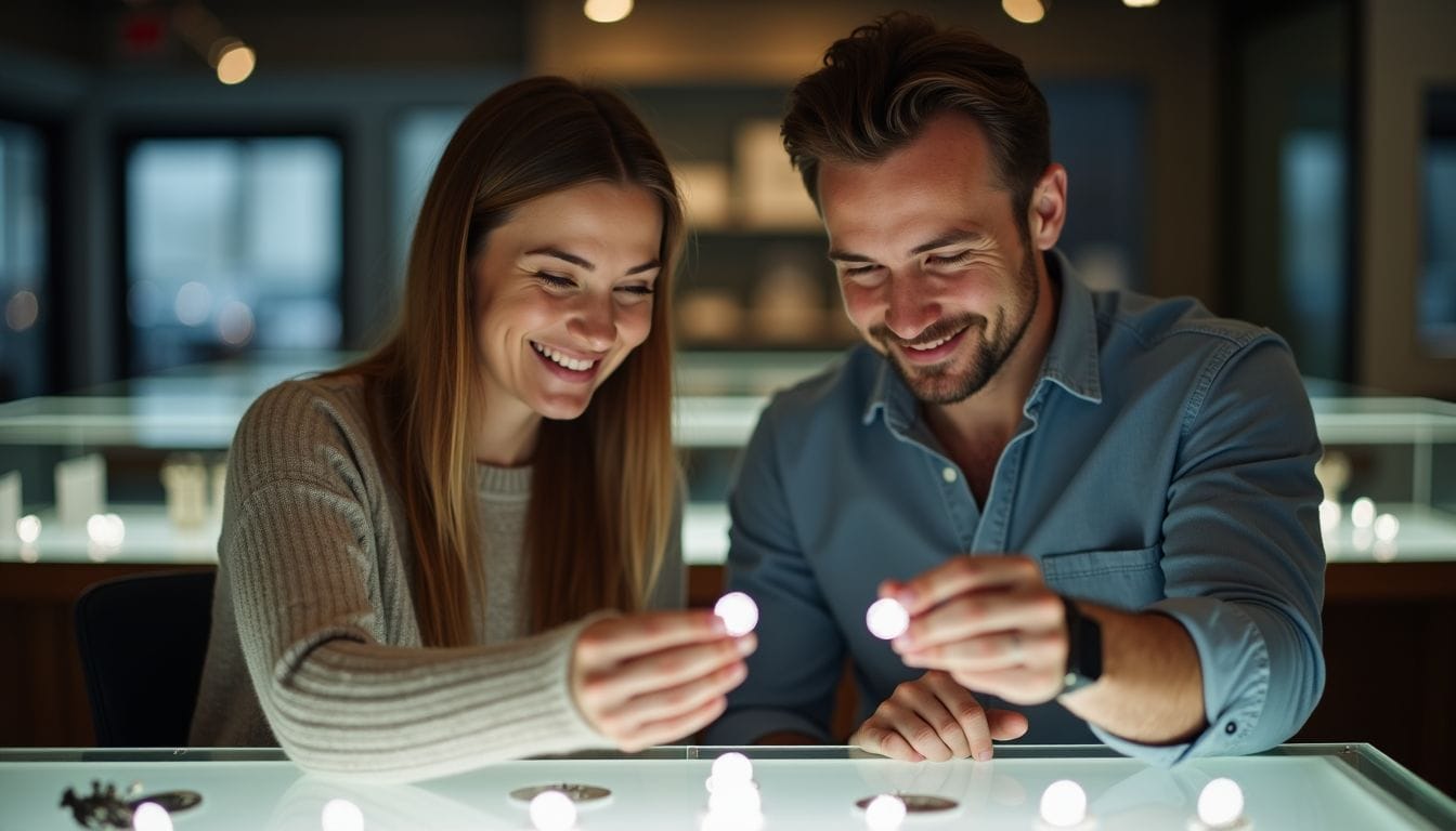 A smiling woman and man examine round gemstones under bright lights at a display counter in a jewelry store.