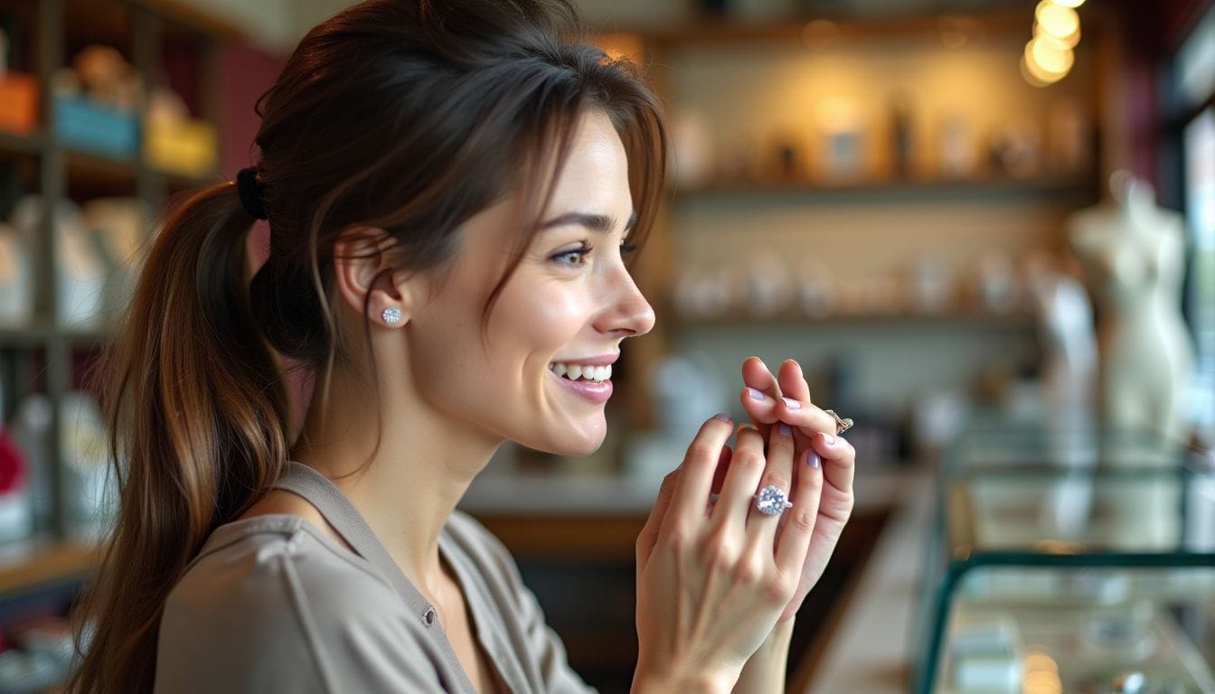 Woman smiling and looking at jewelry in a store, wearing earrings and a ring, with shelves and display lights in the background.