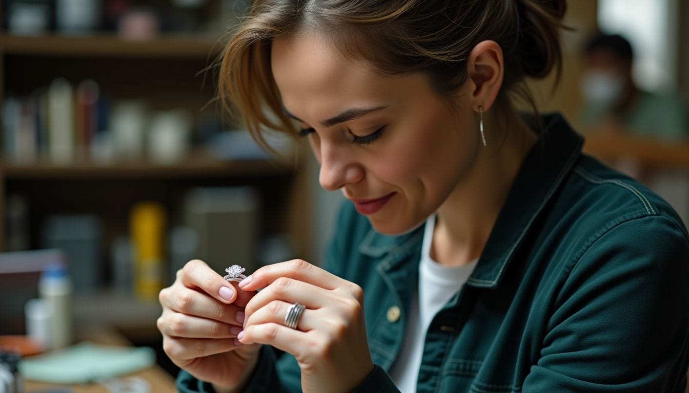 A woman in a green jacket examines a small object, possibly jewelry, while seated at a table in a room with shelves and books in the background.