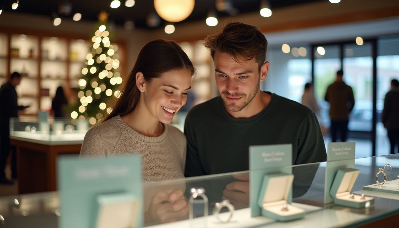 A couple looks at jewelry displays in a brightly lit store with a Christmas tree in the background and other shoppers nearby.
