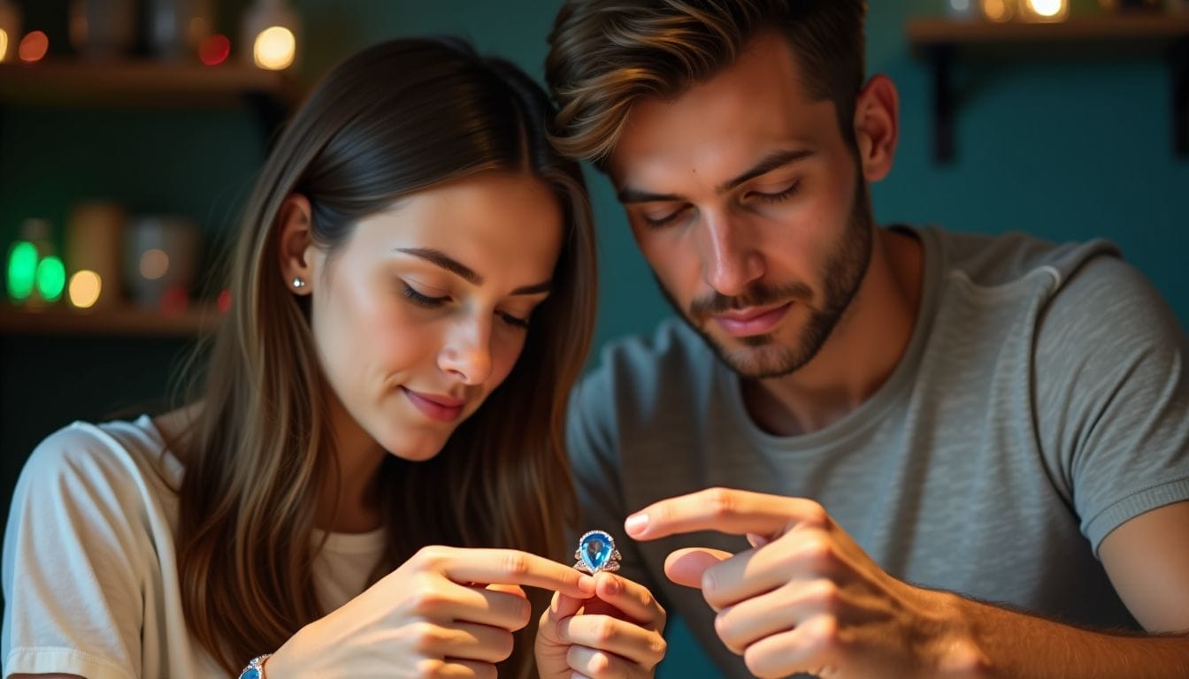 A man and woman closely examine a ring together in a softly lit room with shelves and candles in the background.