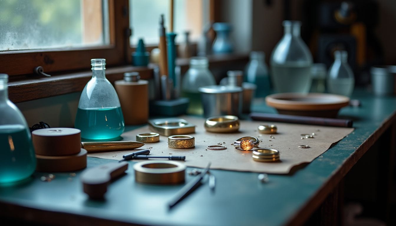 A jewelry maker’s workbench with tools, glass bottles with blue liquid, metal rings, small parts, and a window in the background.