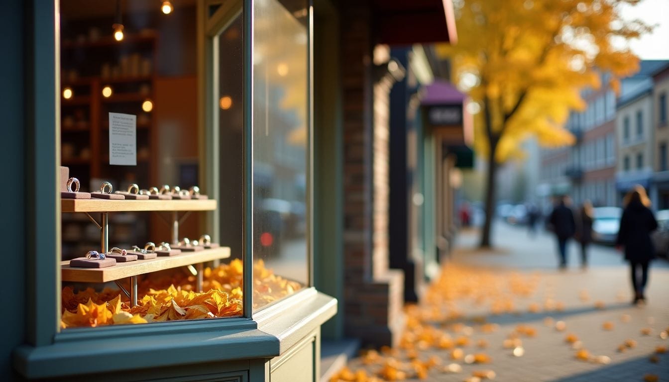 A jewelry store window display with autumn leaves scattered inside, set on a city street lined with trees showing fall foliage, and people walking in the background.