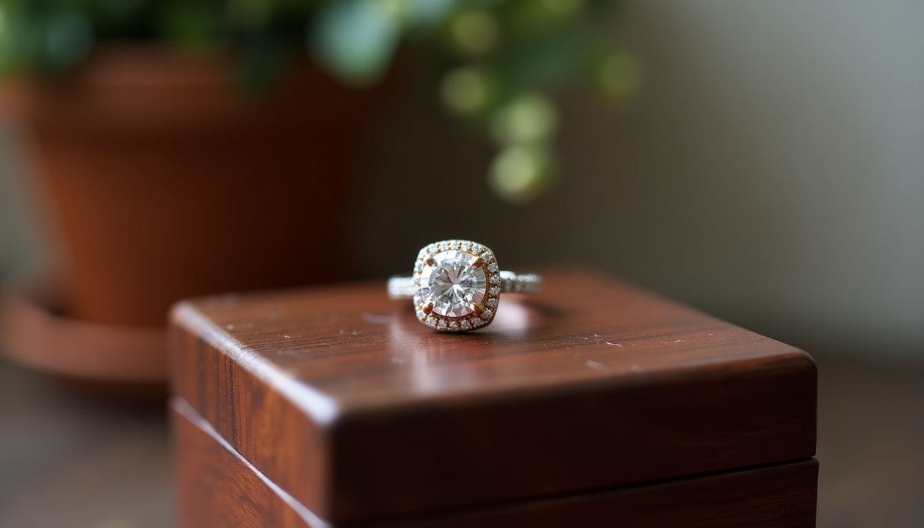 A diamond engagement ring with a halo setting is displayed on a polished wooden box. A blurred plant is visible in the background.