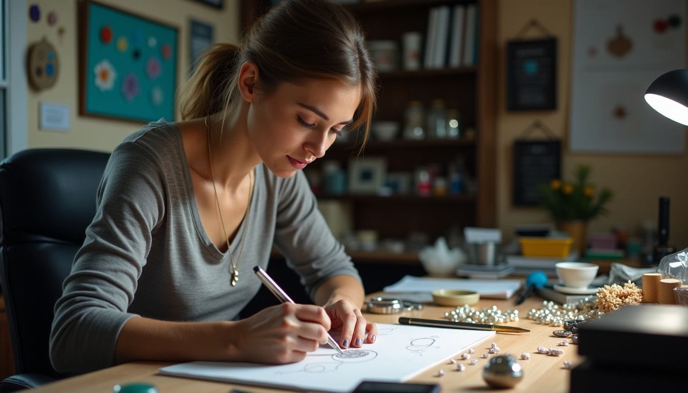 A woman sits at a desk in a craft room, sketching jewelry designs on paper, with tools and beads scattered around her workspace.