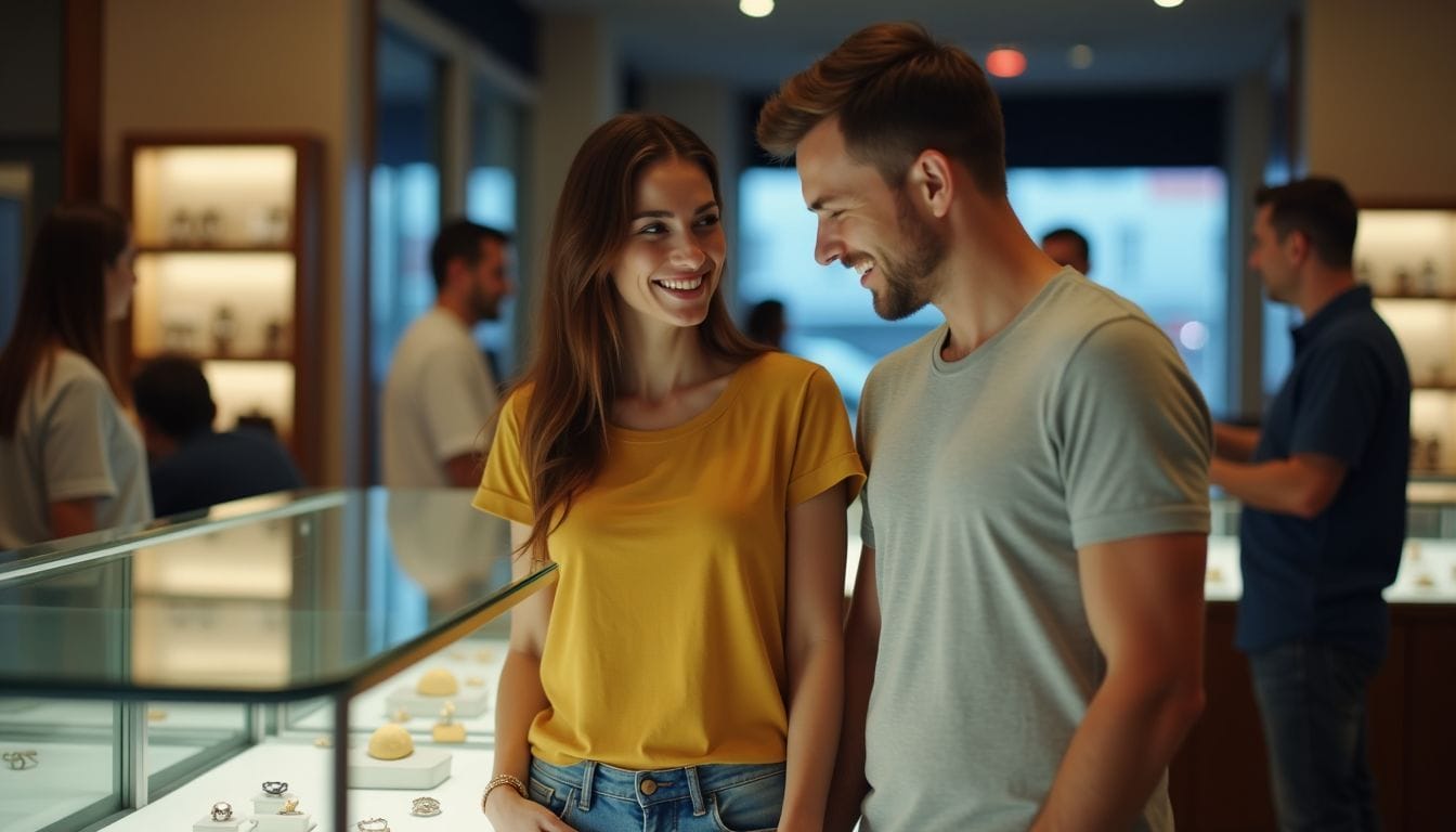 A smiling couple stands together in a jewelry store, looking at items in a glass display case, with other shoppers in the background.