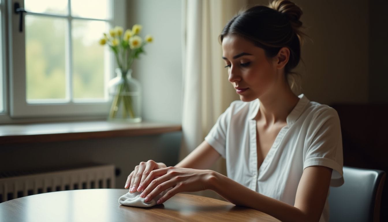 A woman wipes a wooden table with a cloth near a window with a vase of yellow flowers in the background.