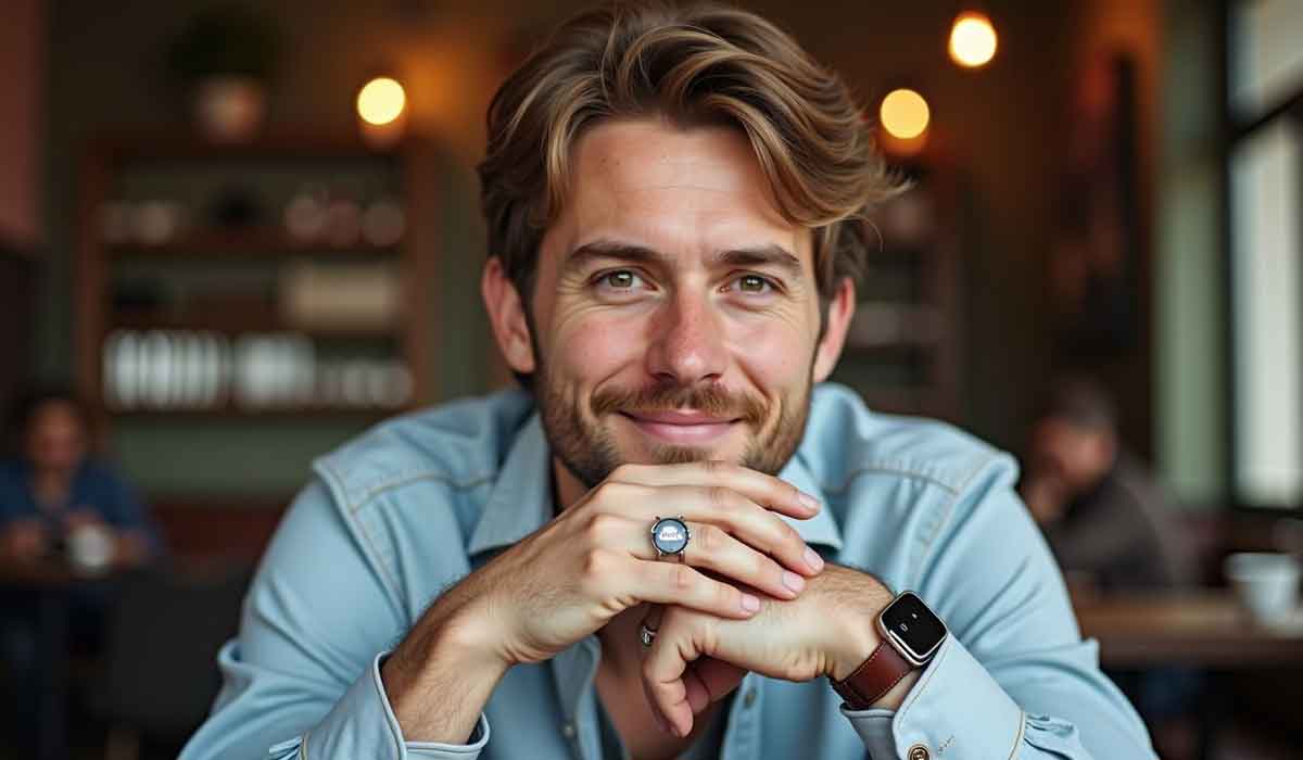 A man with light brown hair and a beard, wearing a light blue shirt and a watch, sits at a table indoors, smiling and looking at the camera.
