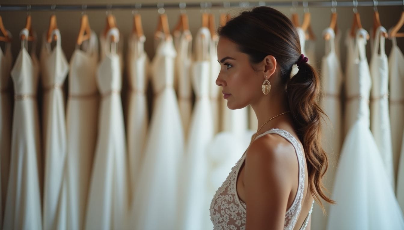 Woman in a lace bridal gown stands in profile, with a row of white wedding dresses on hangers behind her.