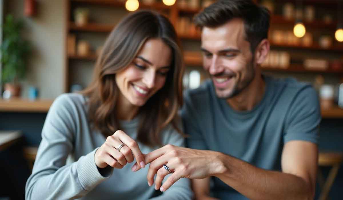 A smiling couple sits at a table, each wearing a ring, holding hands and looking at their fingers in a warmly lit indoor setting.