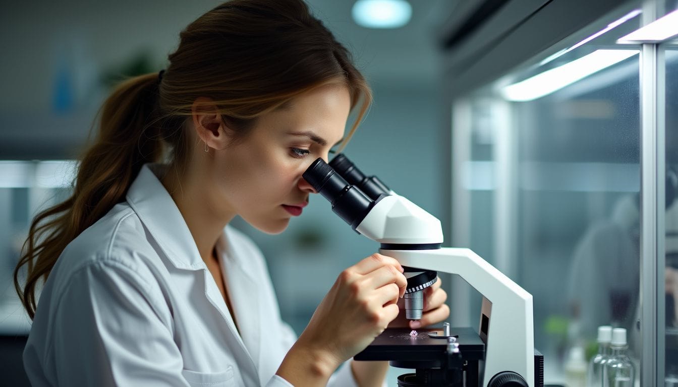 A woman in a lab coat looks through a microscope in a laboratory setting, focusing closely on her observation.