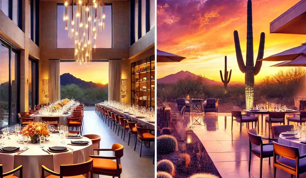 Indoor and outdoor dining areas set for a meal, featuring mountain views, cacti, modern decor, and a sunset sky in the background.