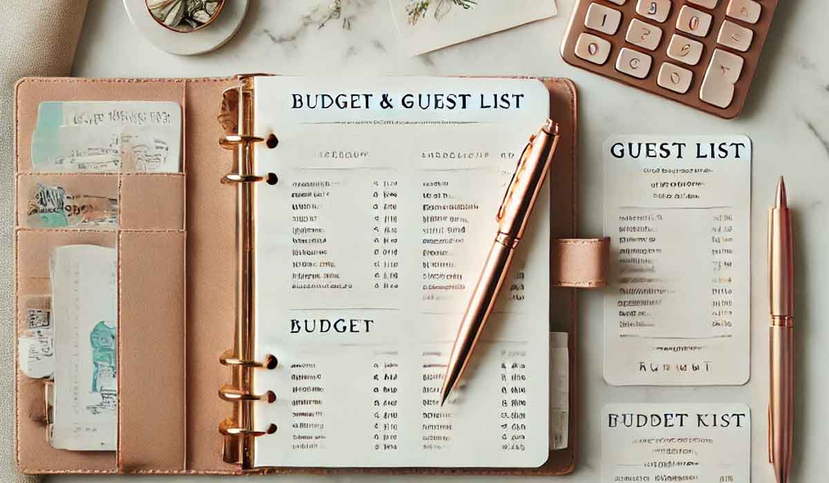 Open planner showing budget and guest lists with receipts, a pen, a calculator, and a guest list card on a marble surface. Items are neatly arranged for event planning.