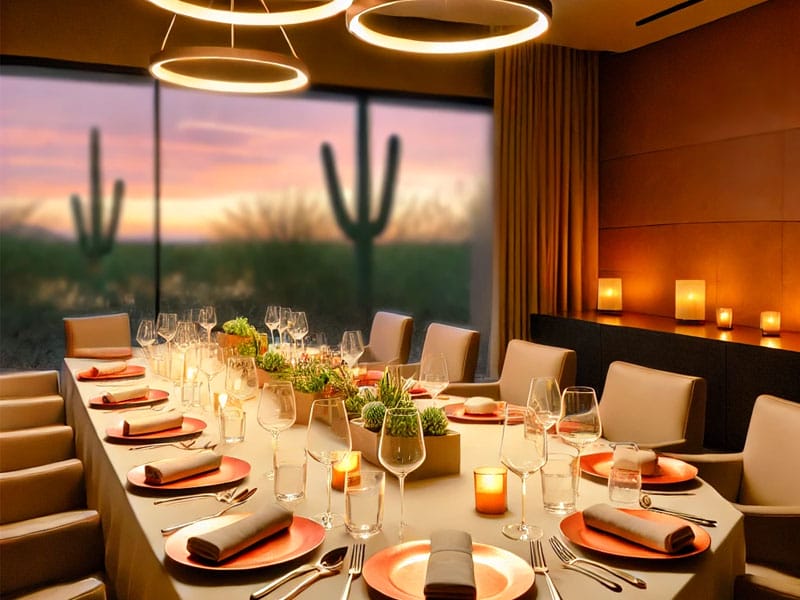 A modern dining room with a set dinner table, candles, and large windows showing a desert landscape with cacti at sunset.