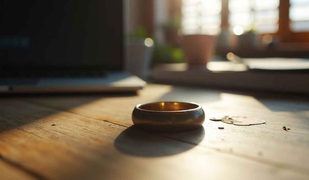 A gold ring rests on a wooden table in sunlight, with a laptop and other objects blurred in the background.