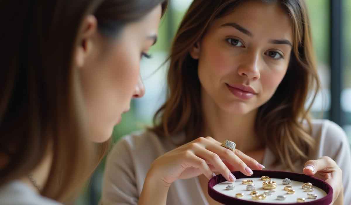 A woman holds a round tray displaying several pieces of gold jewelry and looks at her reflection in a nearby mirror.